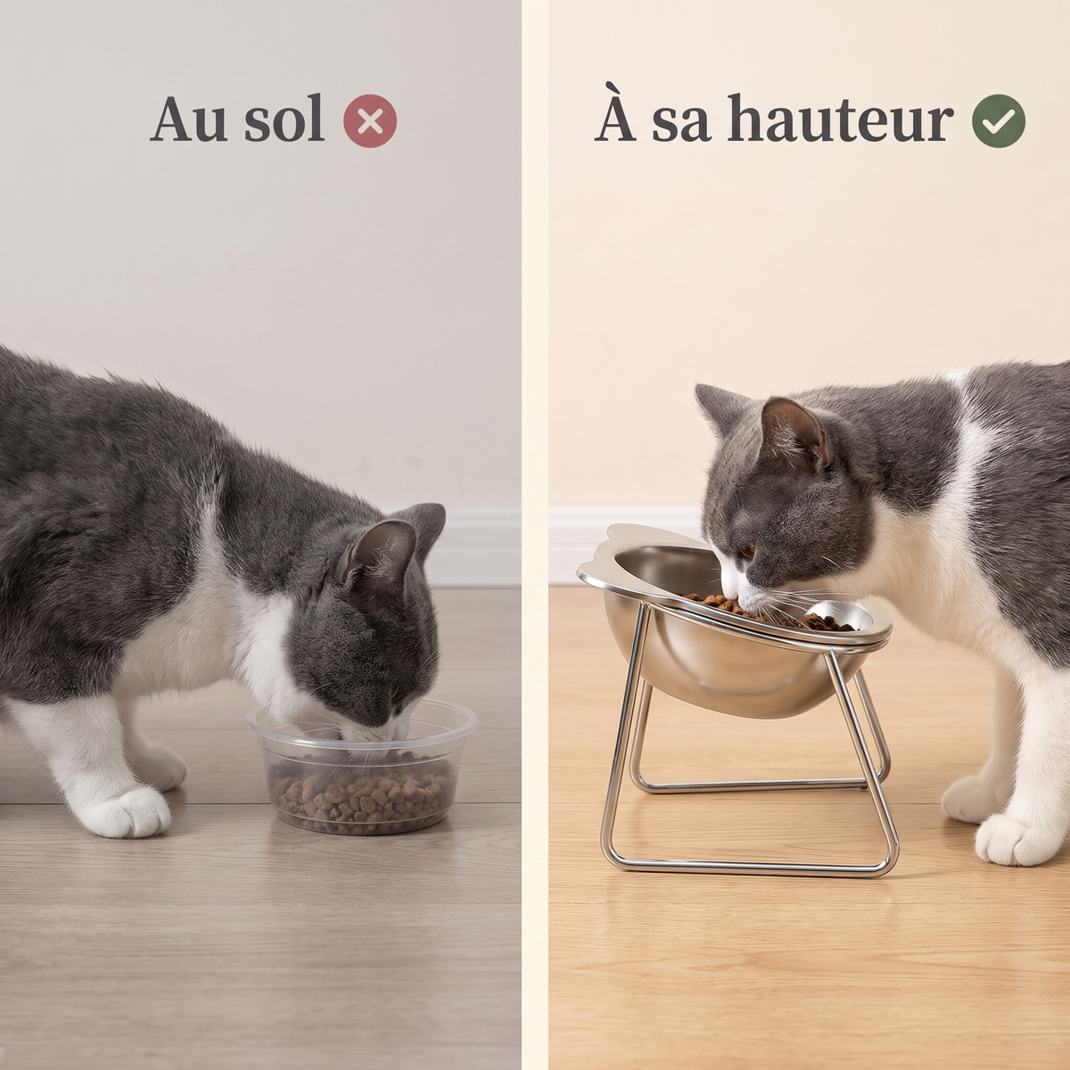 Chat qui mange au sol, cou plié, comparé à un chat qui mange à sa hauteur