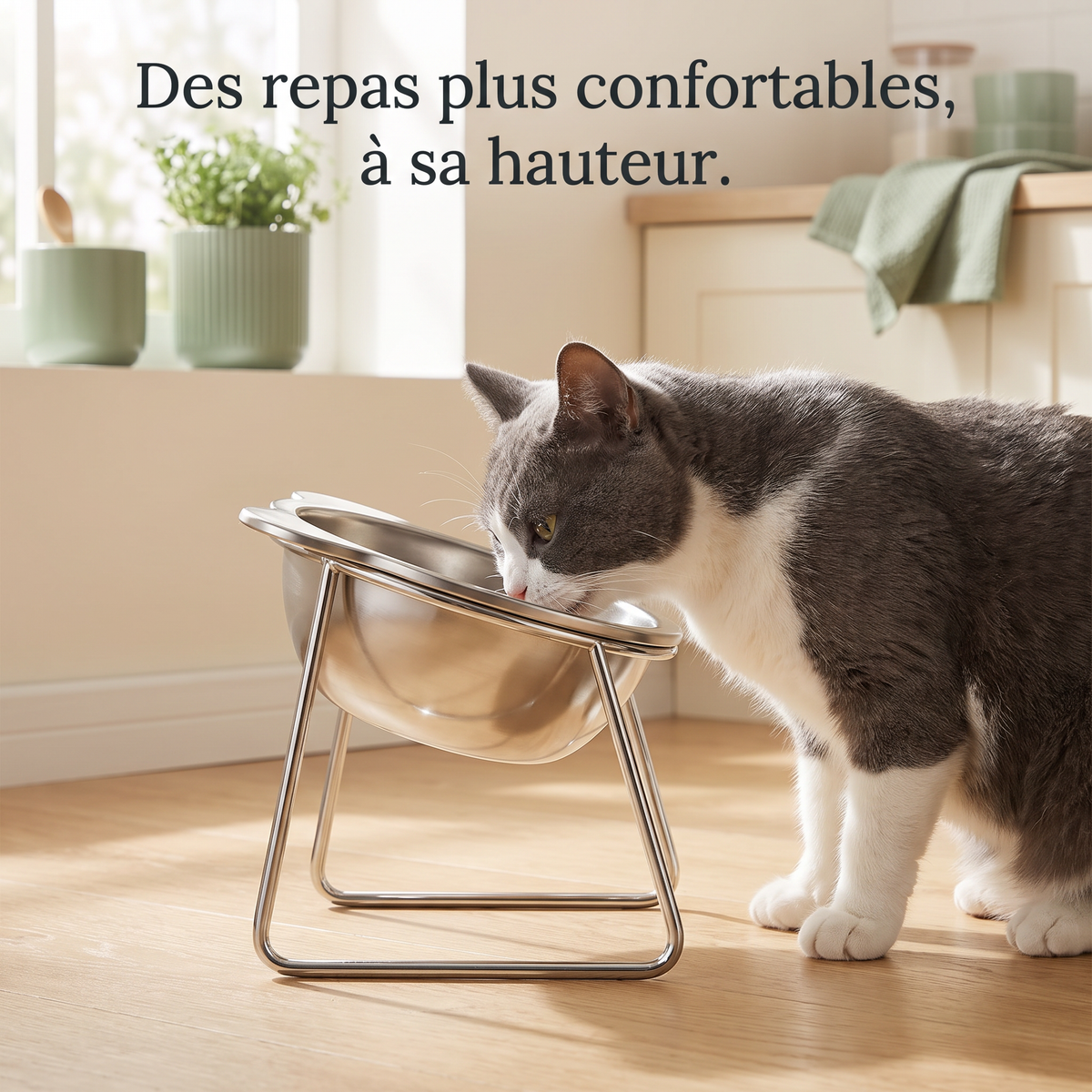 Chat qui mange confortablement dans la gamelle surélevée Chez Nidou