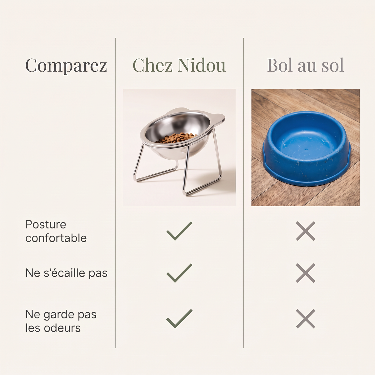 Comparaison entre la gamelle Chez Nidou et un bol en plastique au sol