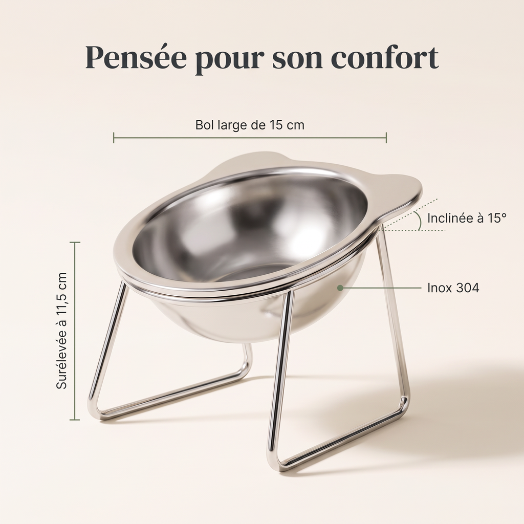 Caractéristiques : surélevée à 11,5 cm, inclinée à 15°, bol de 15 cm, inox 304