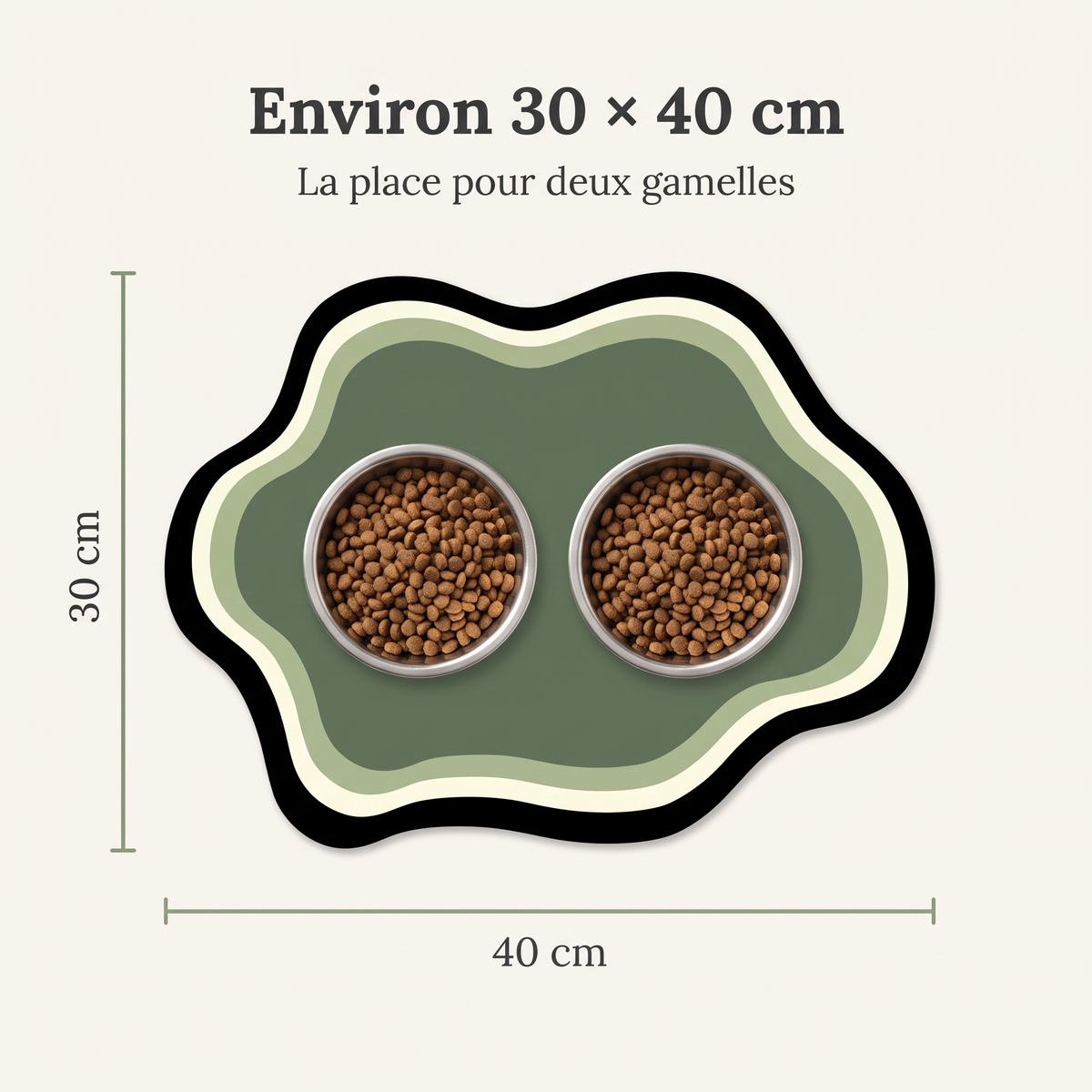 Dimensions du tapis : environ 30 × 40 cm, la place pour deux gamelles