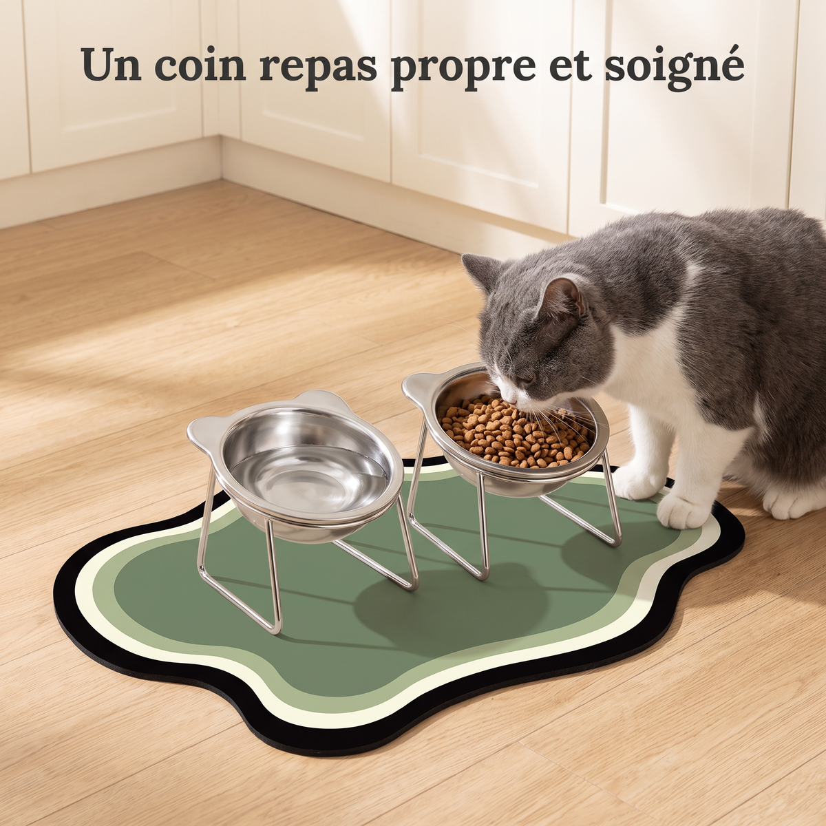 Chat qui mange sur le tapis absorbant vert, avec deux gamelles surélevées