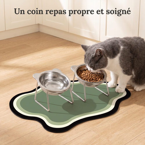 Chat qui mange sur le tapis absorbant vert, avec deux gamelles surélevées